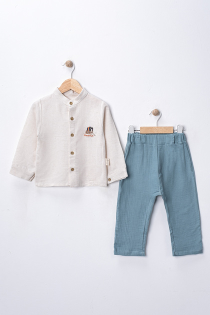 6-24 Months Linen Shirt Thick Muslin Washable Pants Wonderlust Embroidery Detail 2-Piece Baby Boy Set