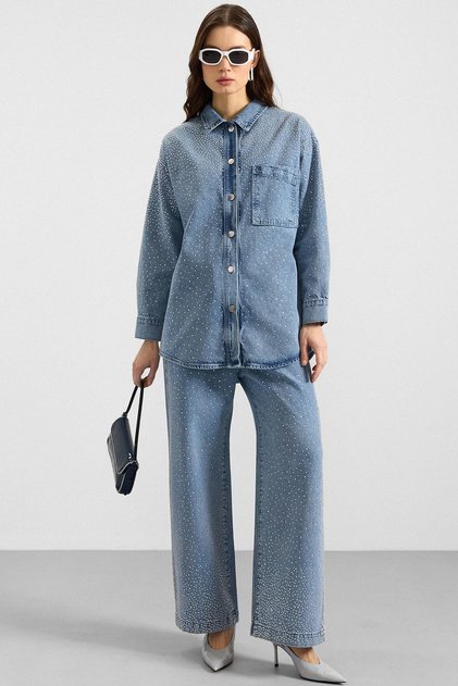 Stone Detailed Jacket Pants Denim Two-Piece Set Light Blue 9387-Tk