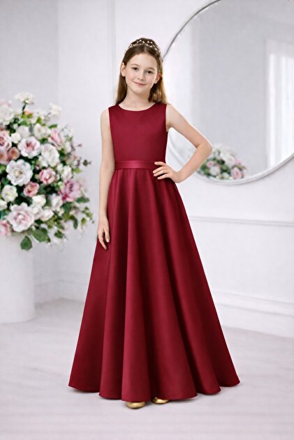 SUNEH Girl's Burgundy Satin Crew Neck Plain Dress Graduation Birthday  Evening Dress- Trendyol