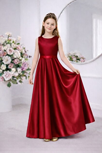 SUNEH Girl's Burgundy Satin Crew Neck Plain Dress Graduation Birthday  Evening Dress- Trendyol
