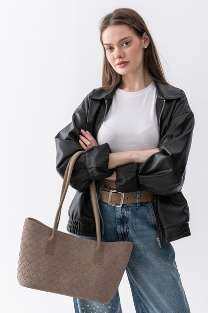 Terra Touch Knitted Patterned Soft Suede Textured Makeup Bag Mink Women's Shopper Shoulder Bag
