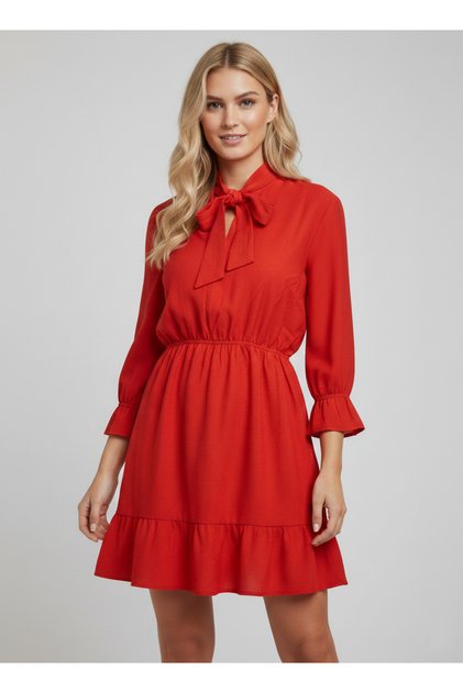 Women's Red Elastic Waist Skirt and Sleeve Ruffle Mini Dress Rop12