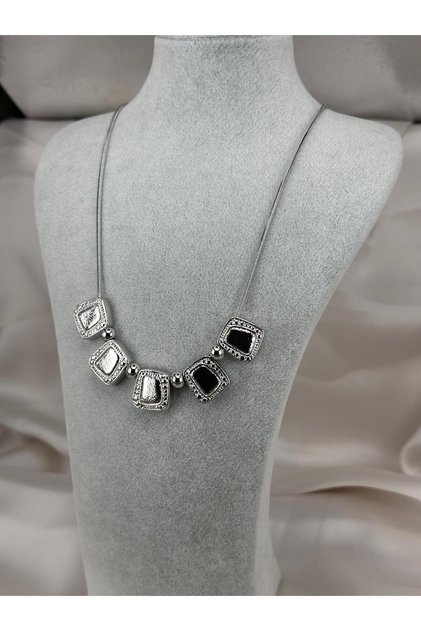 Stylish Square Detailed Silver Color Steel Necklace