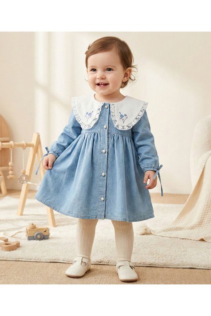 Collar Embroidery Scalloped Denim Dress