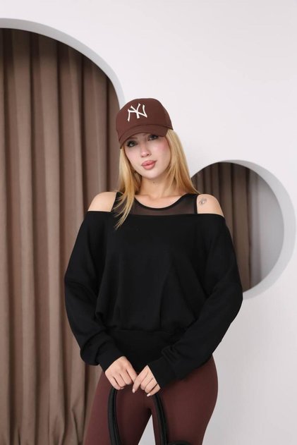 Women's Black Boat Neck Oversize Loose Draped Modal Blouse