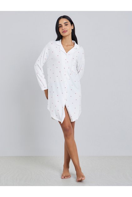 Women White Heart Print Long Sleeve Nightshirt
