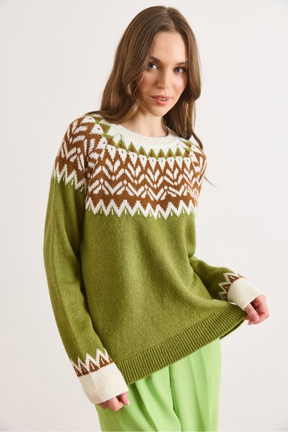 Women's Oil Green Collar Detailed Soft Textured Knitwear Sweater Kzk-19001021