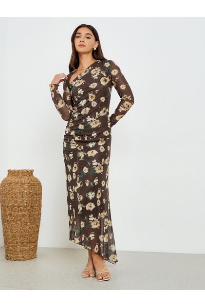 Women Floral Print Gathered Detail Bodycon Maxi Dress