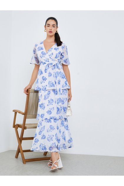 Women White Floral Print Tiered Maxi Dress