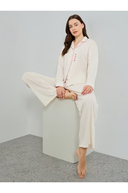 Women Heart Print Scallop Edge Detail Shirt and Pyjama