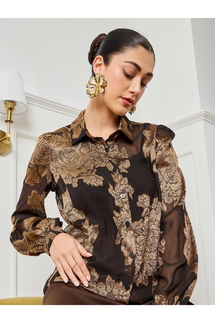 Women Black Floral Jacquard Long Sleeve Shirt