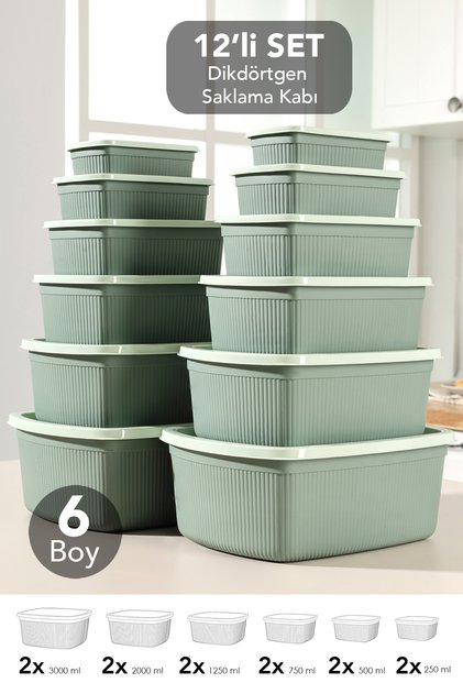 Set of 12 Rectangular Storage Containers - 6 Sizes of Microwave-Safe Organizer Food Containers Green