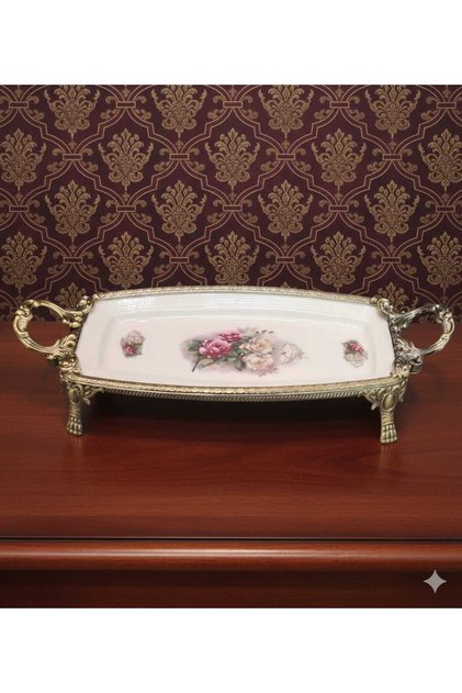 Decorative Bronze Antique Metal Legs Rectangular Flower-Patterned Porcelain Presentation Plate
