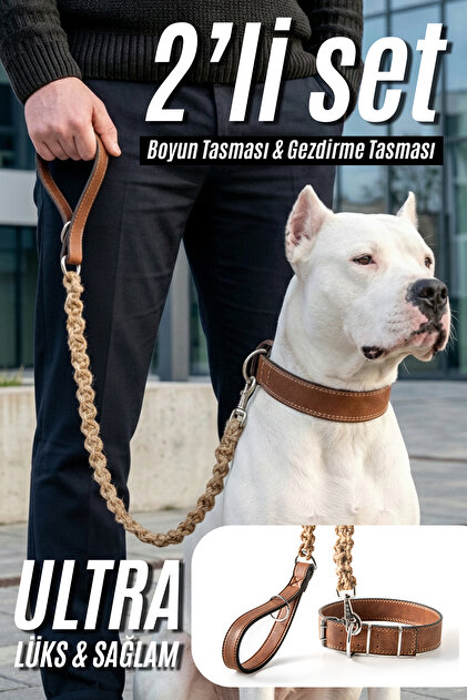Köpek Tasması Seti – Vegan Deri Boyun Tasması ve Jüt İp Gezdirme Kayışı, Orta ve Büyük Irklar