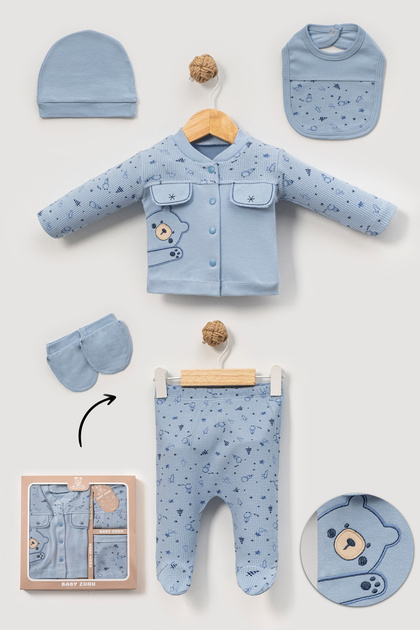 Blue Teddy Bear 100% Cotton 5-Piece Hospital Release Set