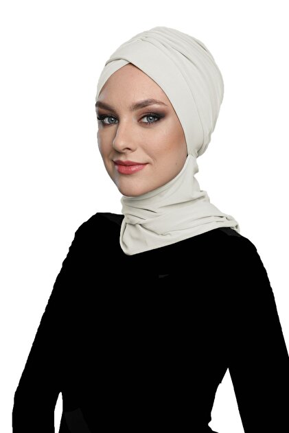 Kardelen Scarf Lined Cream Ready Scarf Hijab Pool and Outer Bonnet