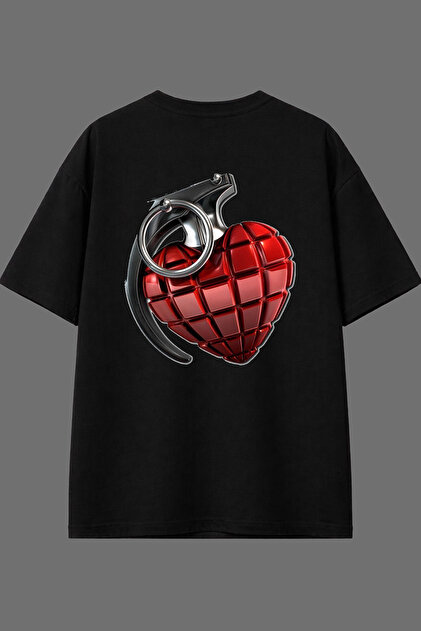 Heart Bomb Design Back Printed Black Oversize T-Shirt