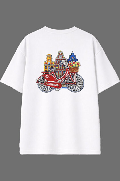 Amsterdam Bicycle Design White Oversize T-Shirt with Back Print