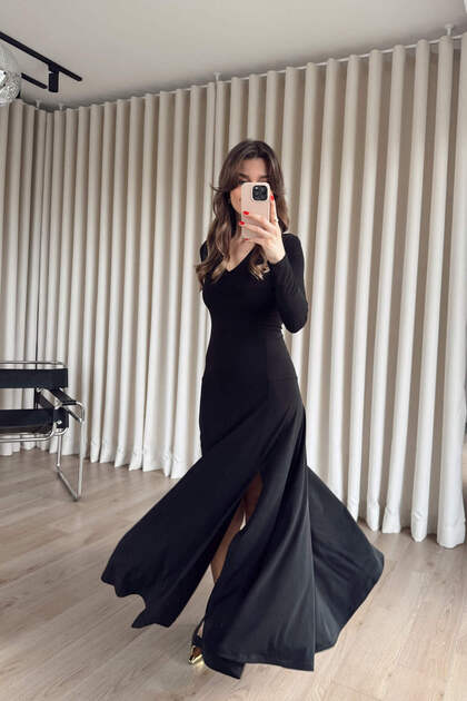 Sue Store Black V-Neck Double Slit Sandy Maxi Dress- Trendyol