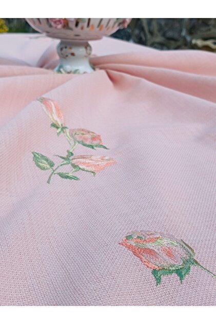 Salmon Rose Embroidered Pink Tablecloth for 8 People