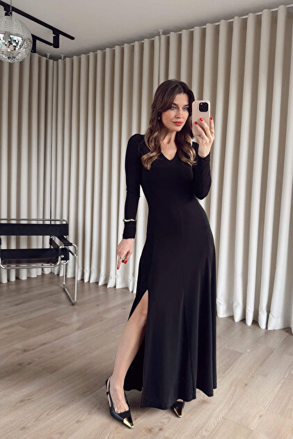 Sue Store Black V-Neck Double Slit Sandy Maxi Dress- Trendyol
