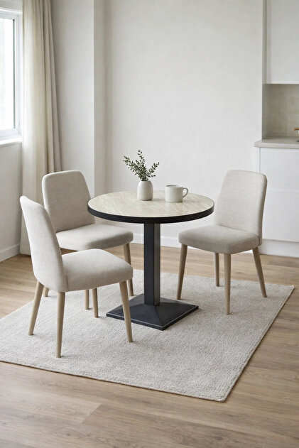 Modern Beige Melamine Round Dining Table with Black Metal Pedestal Base, 70 cm Compact Table for Café, Kitchen, Restaurant and Bistro, Table Only Without Chairs