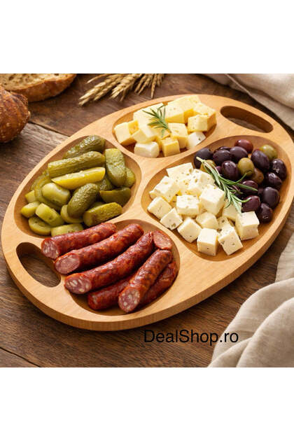 Platou de servire din lemn, 4 secțiuni, cu mânere, 42x29 cm, tavă pentru aperitive, brânzeturi, mezeluri