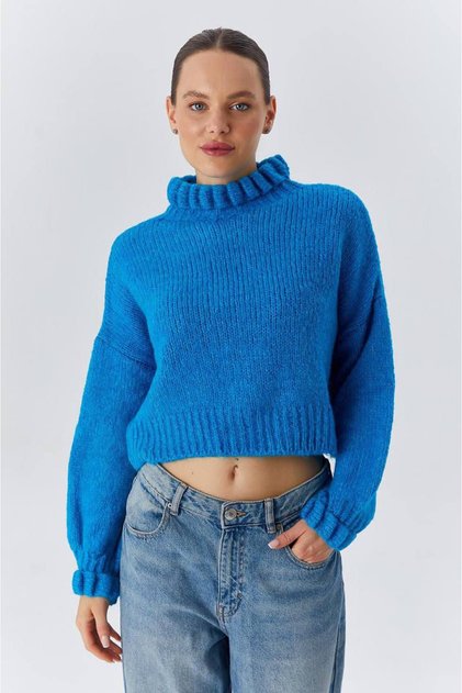 Blue Hair Braided Bearded Crop Knitwear Women's Sweater