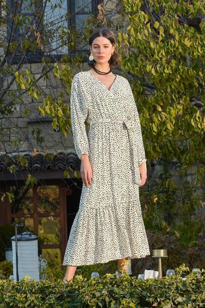 Arias Closet %100 Viscose Polka Dot Patterned Belted Dress