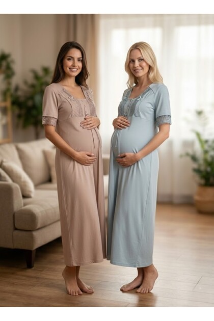 New Season Mink Short Sleeve Elegant Lace Embroidered Full Length Summer Maternity Nightgown