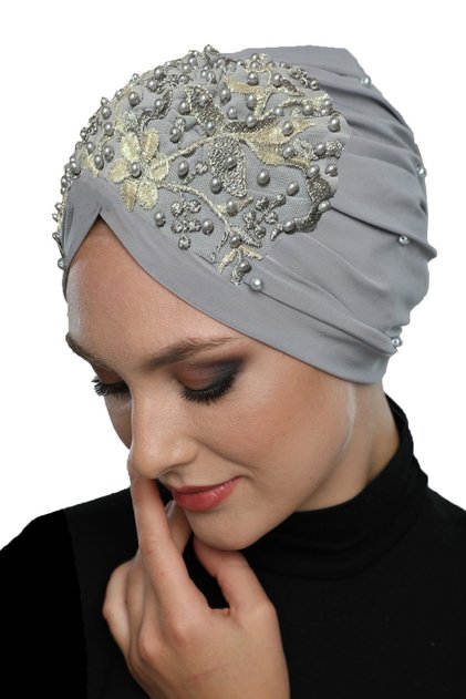 Embroidered Light Gray Beige Lace Motif Ready-Made Turban Hijab Evening Dress Bonnet