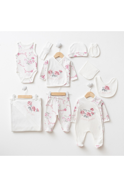 Newborn Baby Girl Embroidered Rose Patterned Hospital Discharge Set of 10 - 100% Cotton