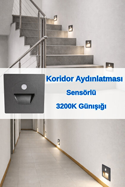 Sensörlü Koridor Aydınlatması LED Gün Işığı | Sıva Altı • Kare Alüminyum Füme Kasa • 1W
