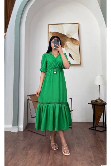 Plain Linen Dress with Lace Detail at the Bottom