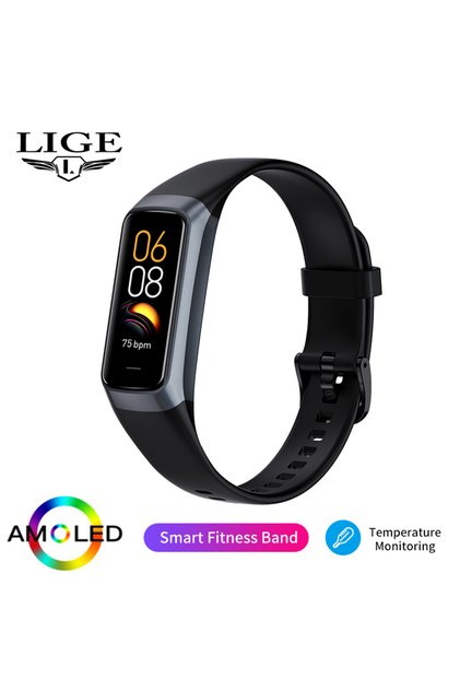 سوار ذكي أسود بشاشة AMOLED مقاس 1.1 بوصة لمراقبة معدل ضربات القلب، ساعة ذكية رفيعة للرجال والنساء