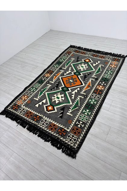 Pamuk Polyester Karışımlı Modern Otantik Kilim - Anadolu Gri Modeli Yıkanabilir Kilim