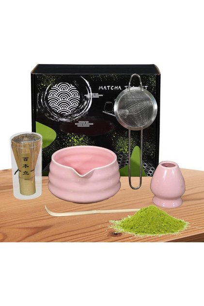 Pink Matcha Whisk Set , 5PCS Set Matcha Set includes Matcha Whisk and Matcha Bowl with Spout, Sifter