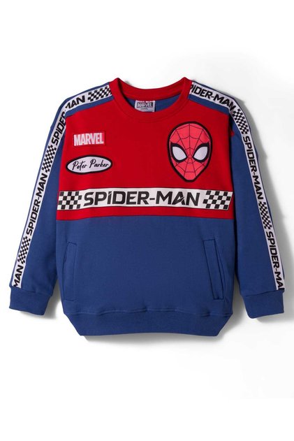 Knit Drop Shoulder Full Sleeve Sweatshirt Spider-Man & Badge Detailing - Blue & Red