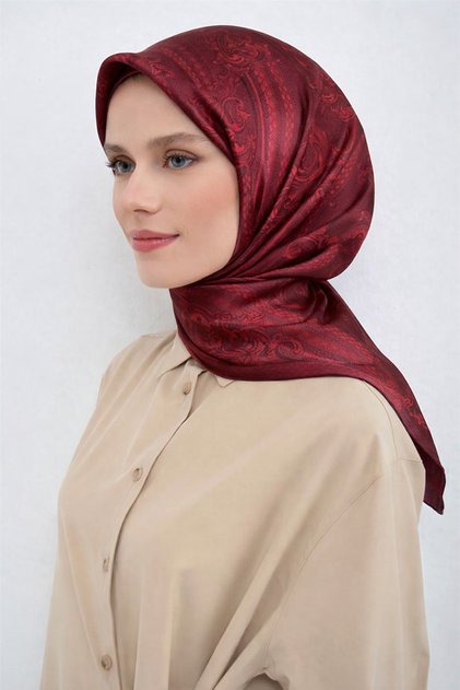 Sura Saf İpek Eşarp 9537 - 50 Bordo Kırmızı Etnik Desen