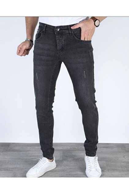 Men's Anthracite Laser-Cut Slim Fit Stretch Jeans