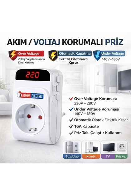 Horoz PROTEX-R Voltaj Korumalı Priz – Dijital Ekranlı, Ayarlanabilir Aşırı & Düşük Voltaj Koruması