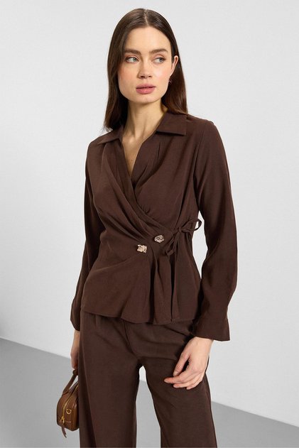 V-Neck Tie-Front Modal Shirt Brown 9407