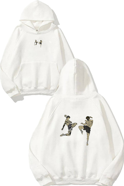 Fighters Design Printed Oversize White Hooded Sweatshirt