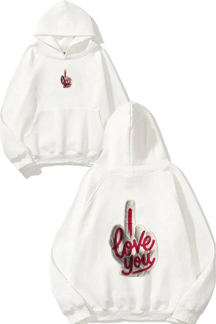 Love You Design Printed Oversize White Hooded Sweatshirt