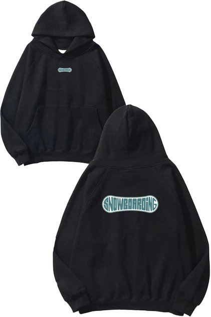 Snowboarding Design Printed Oversize Black Hooded Sweatshirt