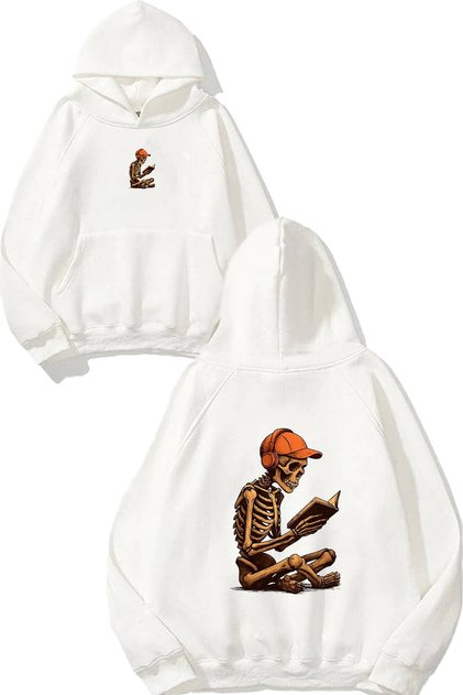 Skeleton Reading a Book Design Printed Oversize White Hooded Sweatshirt