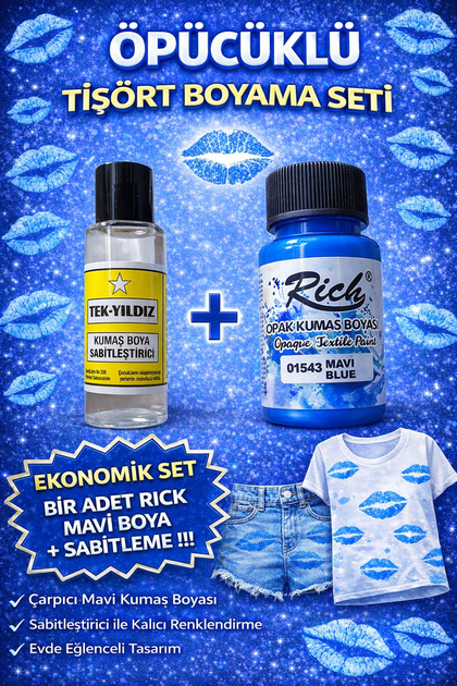 1 adet rich mavi kumaş boyası + tek yıldız sabitleme ( öpücüklü T-Shirt özel boyama seti )
