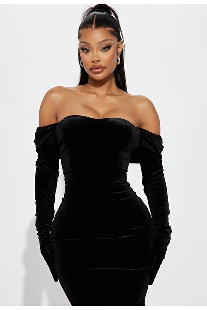 FASHION NOVA Velvet Dress with Gloves- Trendyol