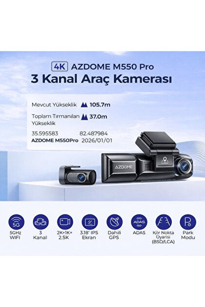 AZDOME M550 Pro 3 Kameralı 150 ° Görüş Açışı 4K Ultra HD Gece