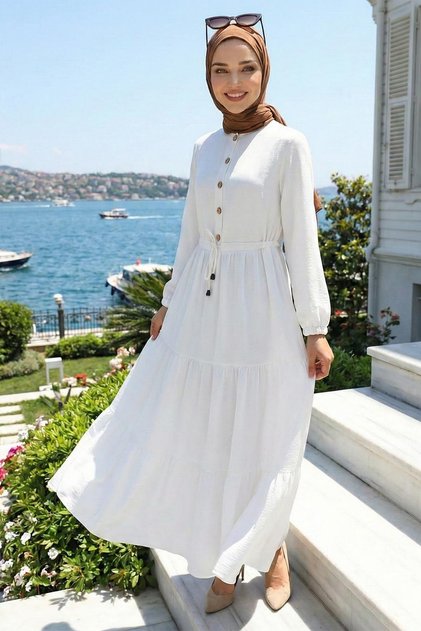 Gathered Buttoned Lace-Up Ayrobin Dress White Hm268811